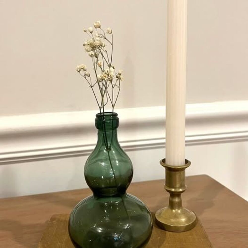 Vintage Mid-Century Green Glass Double Gourd Bottle / Hourglass Bud Vase (730)